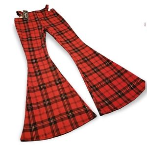 Just Polly pants flare bottom plaid red black Christmas Ugly Sweater